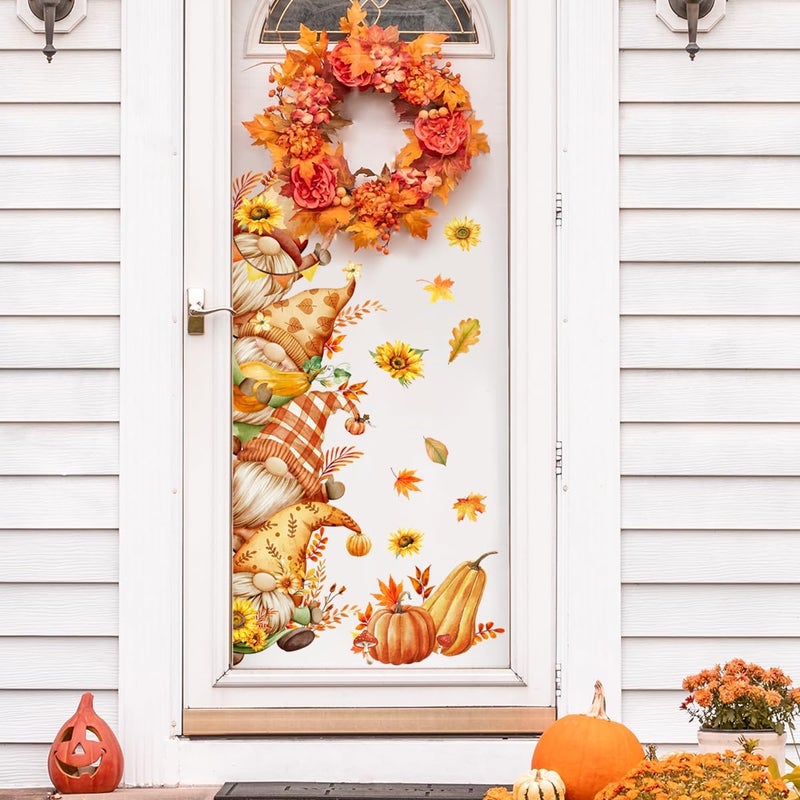 Demonwer 43.3 X 15.74 Inch Fall Gnome Door Stickers Cute Gnome Pumpkin Sunflower Door Sticker Decor for Living Room Bedroom Fall Thanksgiving Harvest Festival Party Favorites - Image 2